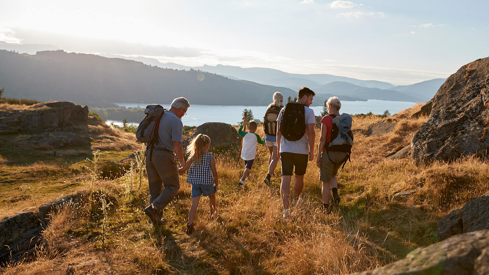 Family hiking on foot